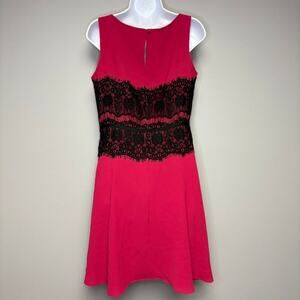 LOFT Pink Fuchsia Black Lace Detail Knee Length Semi-Formal Cocktail Dress Sz 6‎
